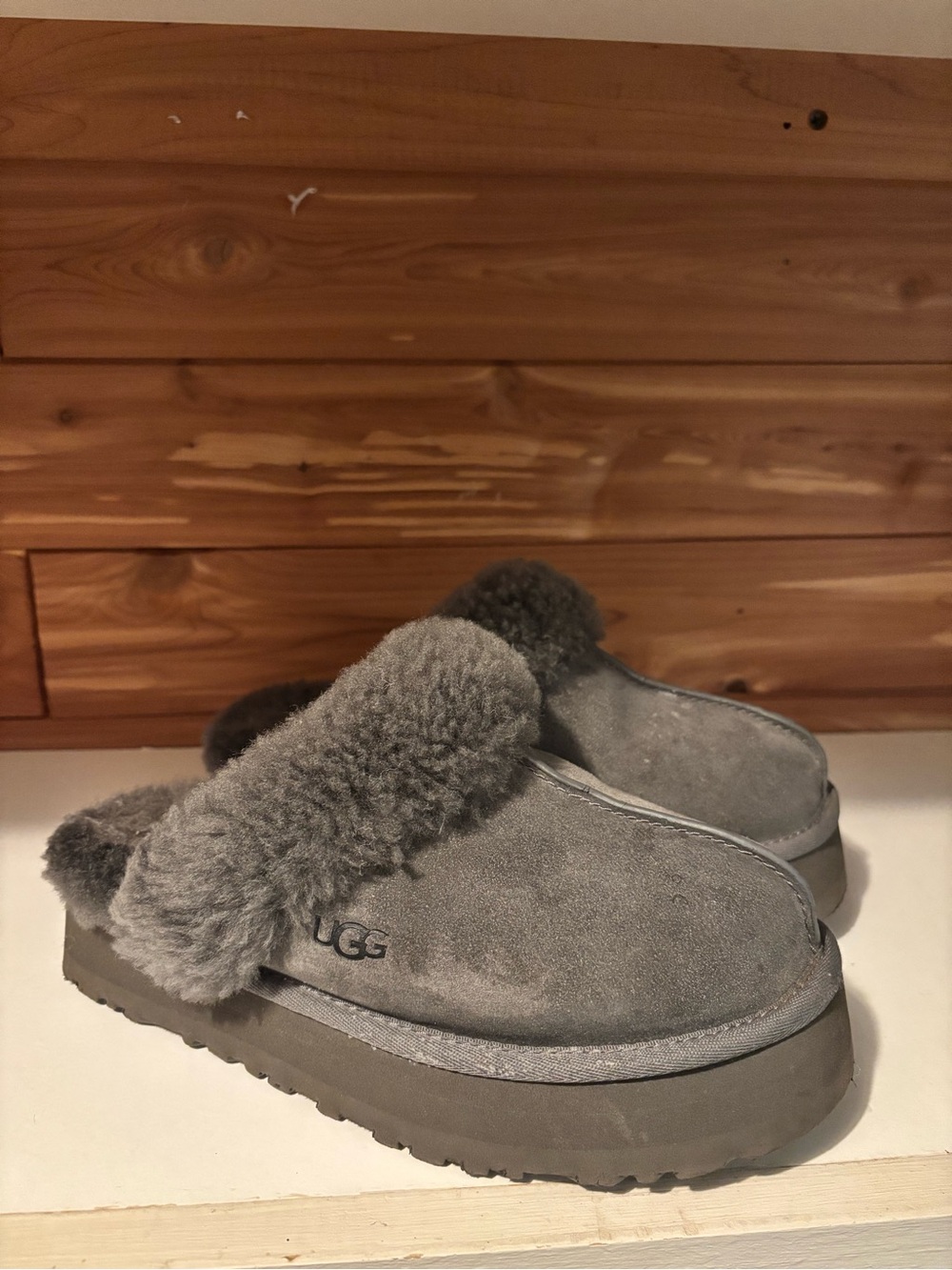 UGG Women's Grey Suede Shearling Clog Slippers